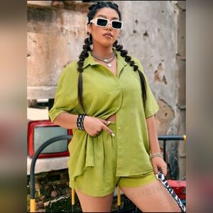 Textured Drop Shoulder Acid Green Drop Shoulder Collared Shirt and Shorts Set